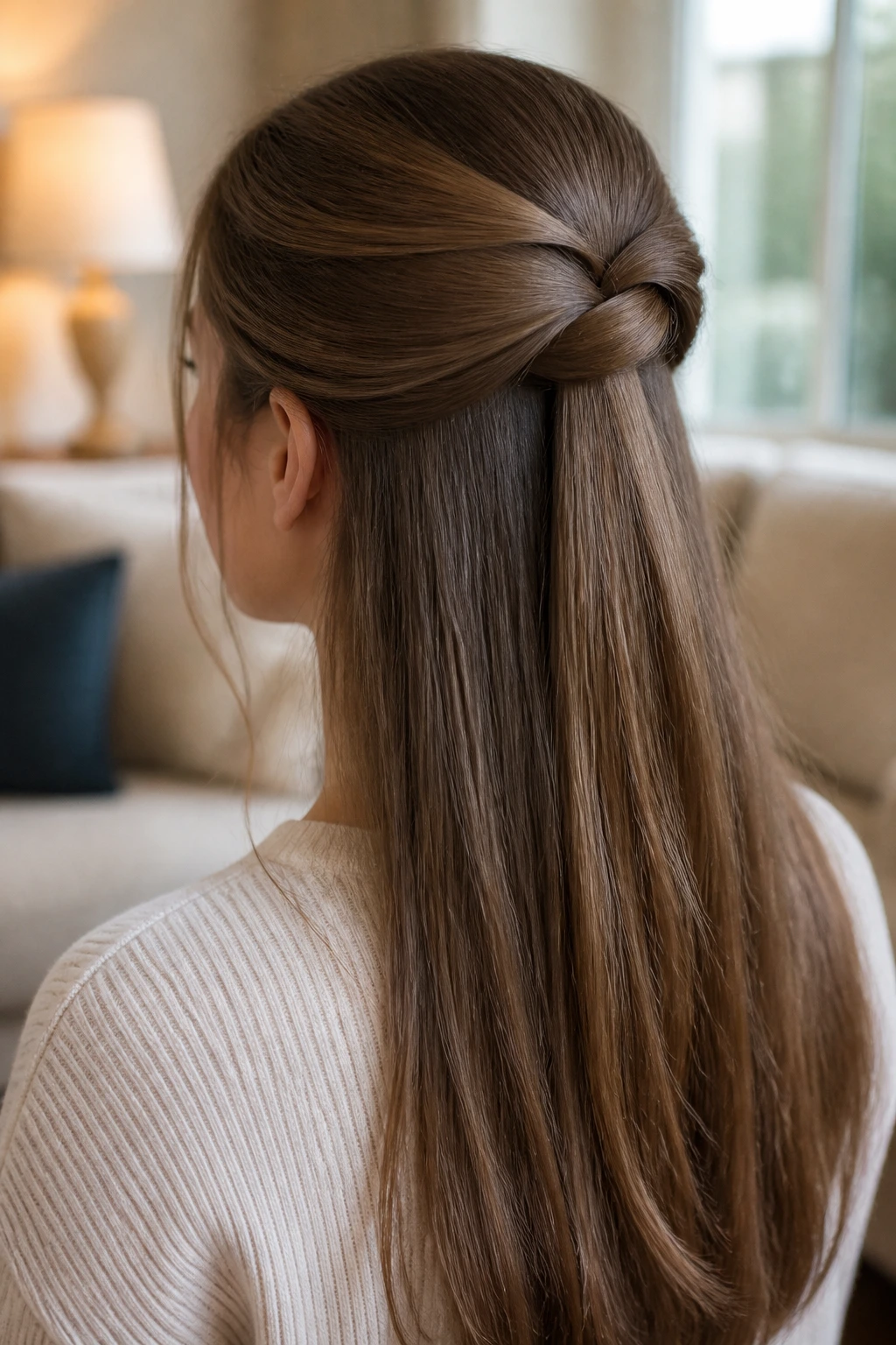Close-up portrait of a real woman with a tucked half ponytail showing the looping tuck