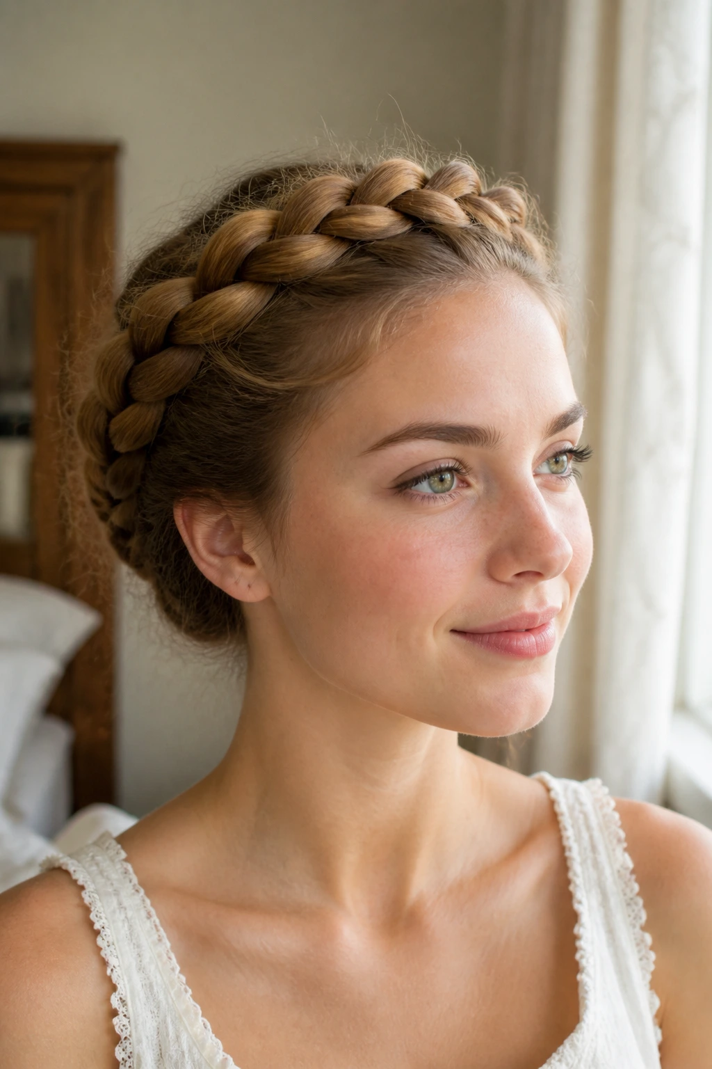 Close-up of a real woman with a tucked halo braid tucked at the nape for a smooth outline.