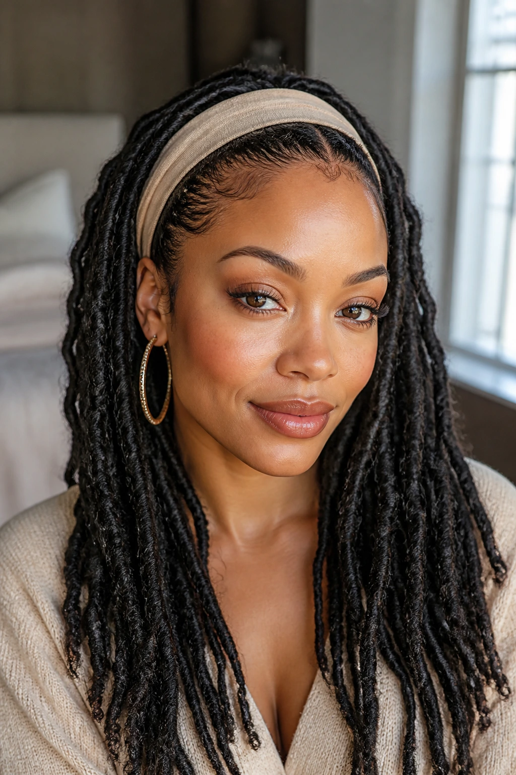 Close-up of a woman with tucked headband goddess locs and visible hairline