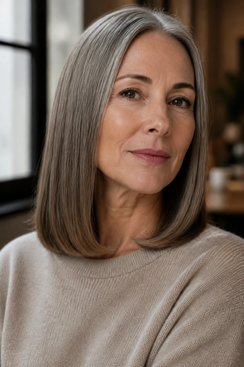 Close-up of a real woman with curved-under ends at the neck