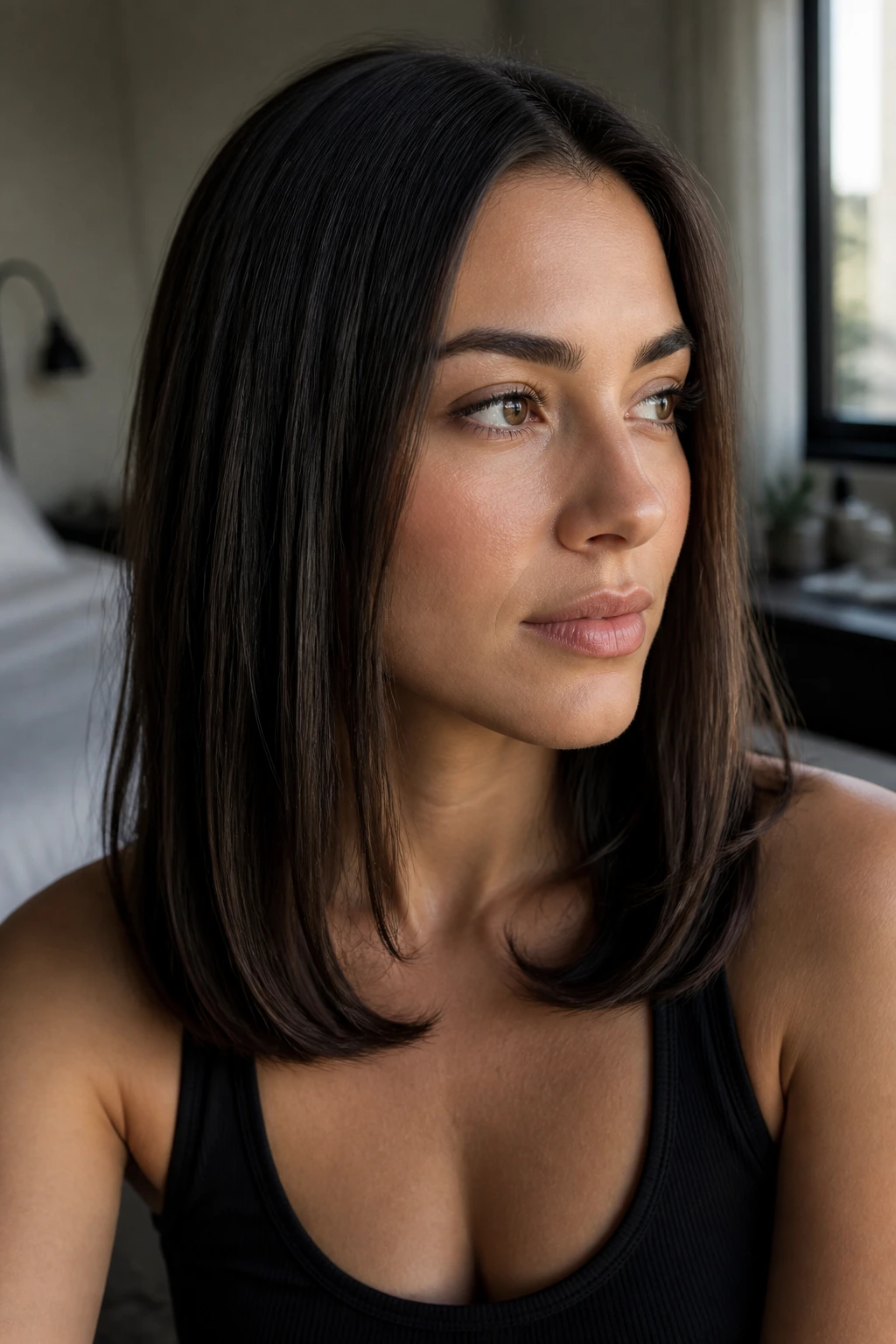 Close-up of a real woman with tucked-in ends on thick straight hair in natural window light