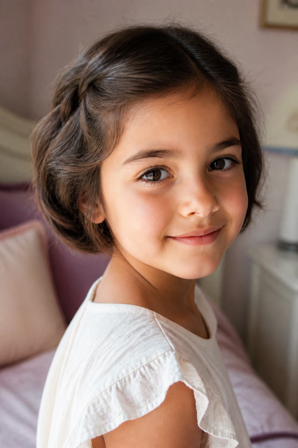 Close-up of brunette child with tucked-in faux bob hairstyle