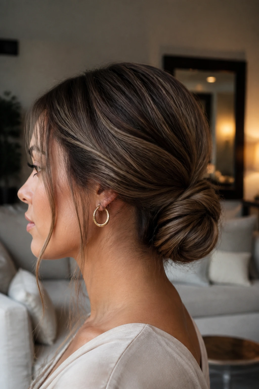Side profile of a real woman with a tucked-in faux chignon