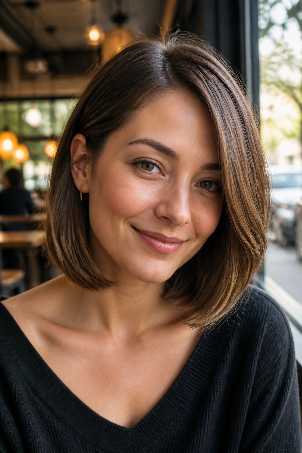 Real woman with tucked-in layered lob hairstyle, ear tucked behind ear