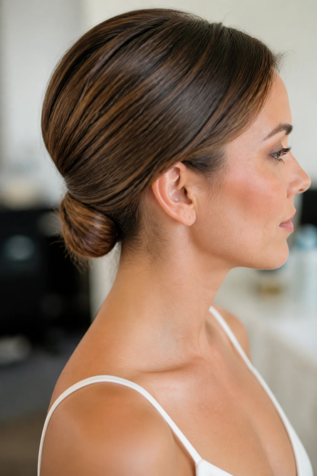 Close-up of real woman with a tucked-in low ponytail forming a compact silhouette.