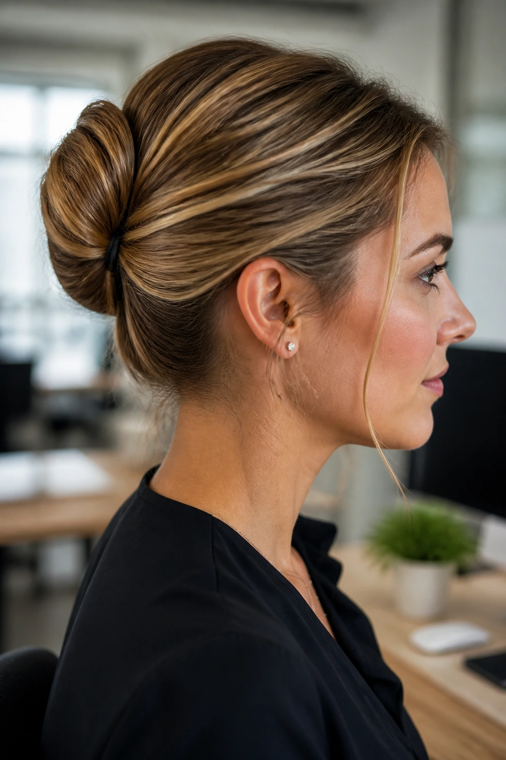 Portrait of a real woman with a tucked-in ponytail roll in a modern office backdrop