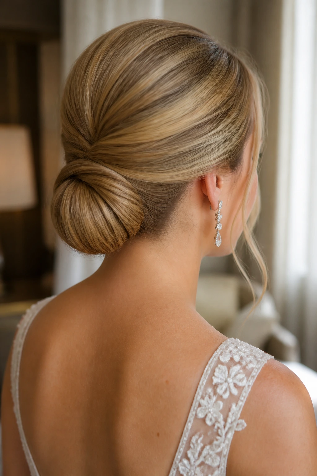 Real bride with tucked-in roll updo seen from behind