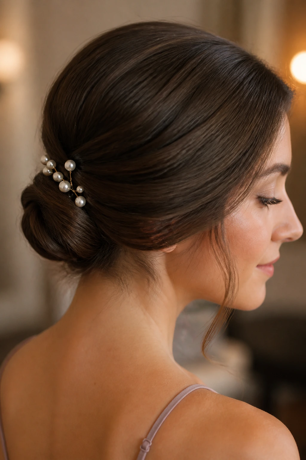 Close-up of a woman in a tucked-in roll with pearl pins at the nape
