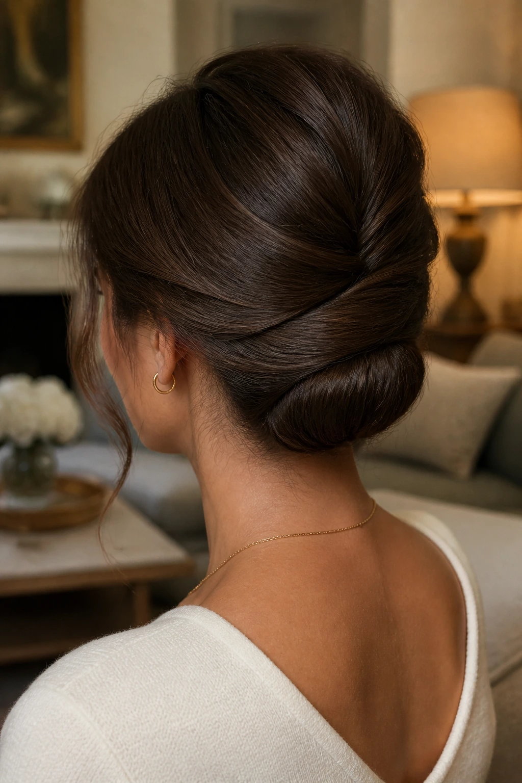 Back-of-head portrait of a real woman with a tucked-in roll updo