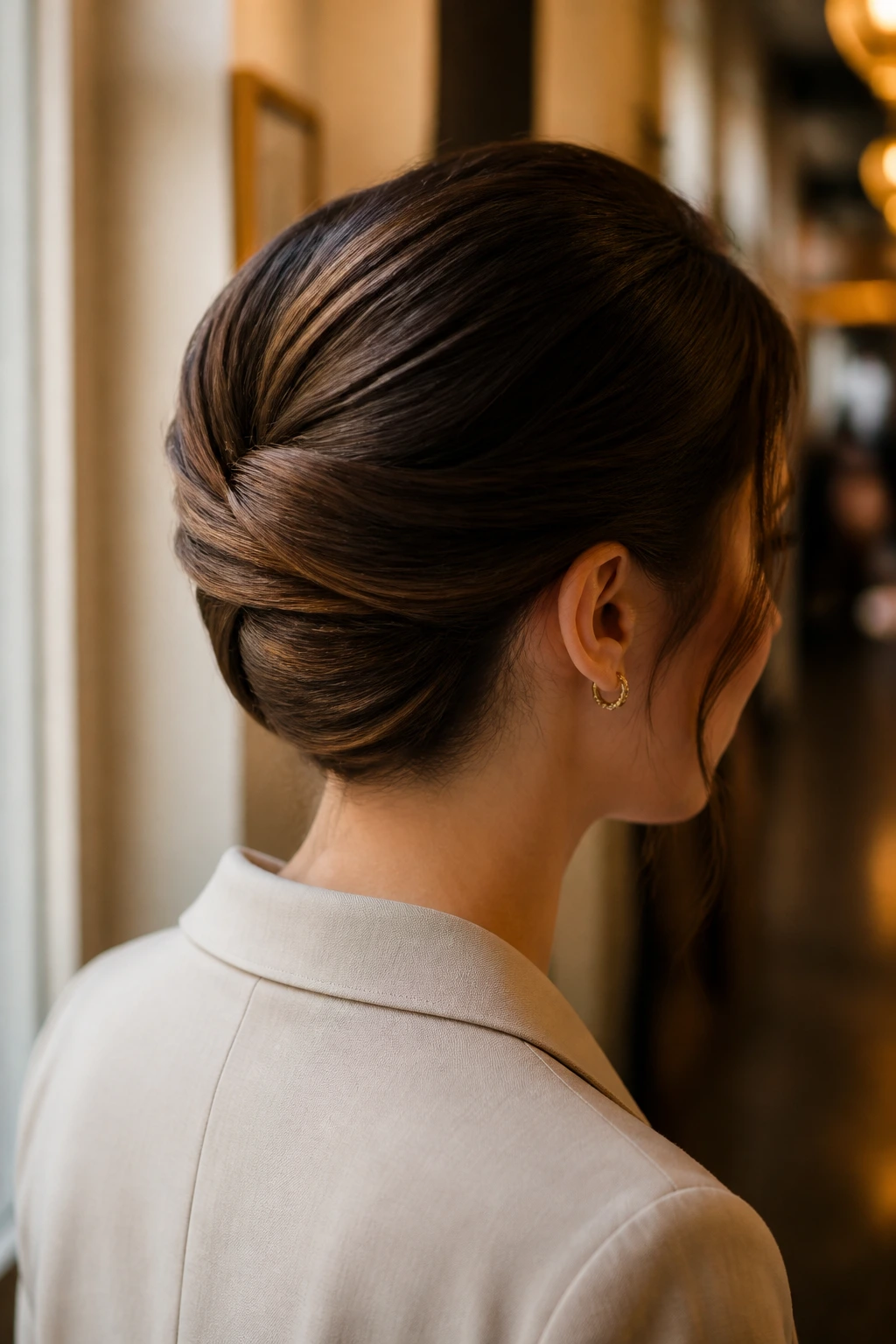 Back/side profile of a woman with a tucked-in roll updo