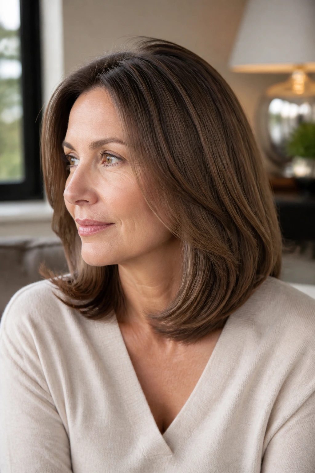 Close-up of a real woman with a tucked-in shoulder cut and light graduation.