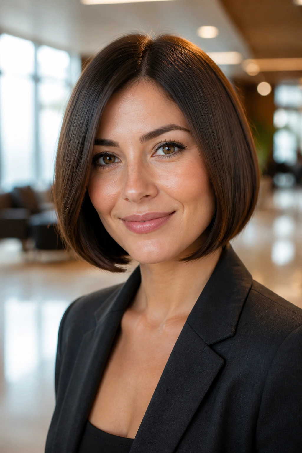 Close-up of real woman with tucked-in sleek bob