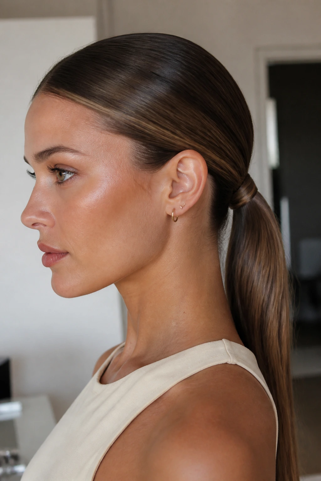Close-up of a woman with a tucked minimal ponytail.