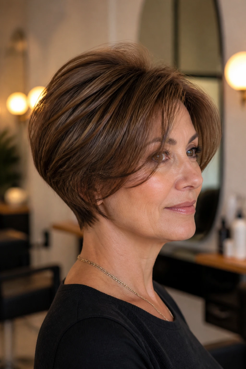 Close-up portrait of a real woman with tucked-nape bob and crown volume.
