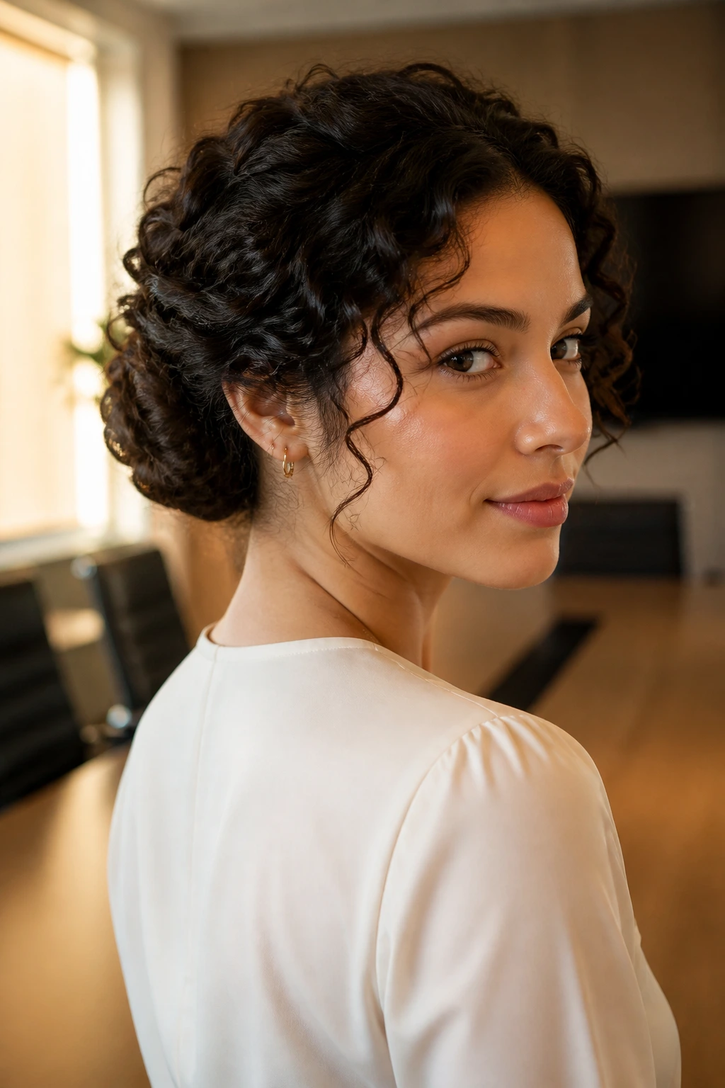 Woman with tucked-in nape roll pinned neatly