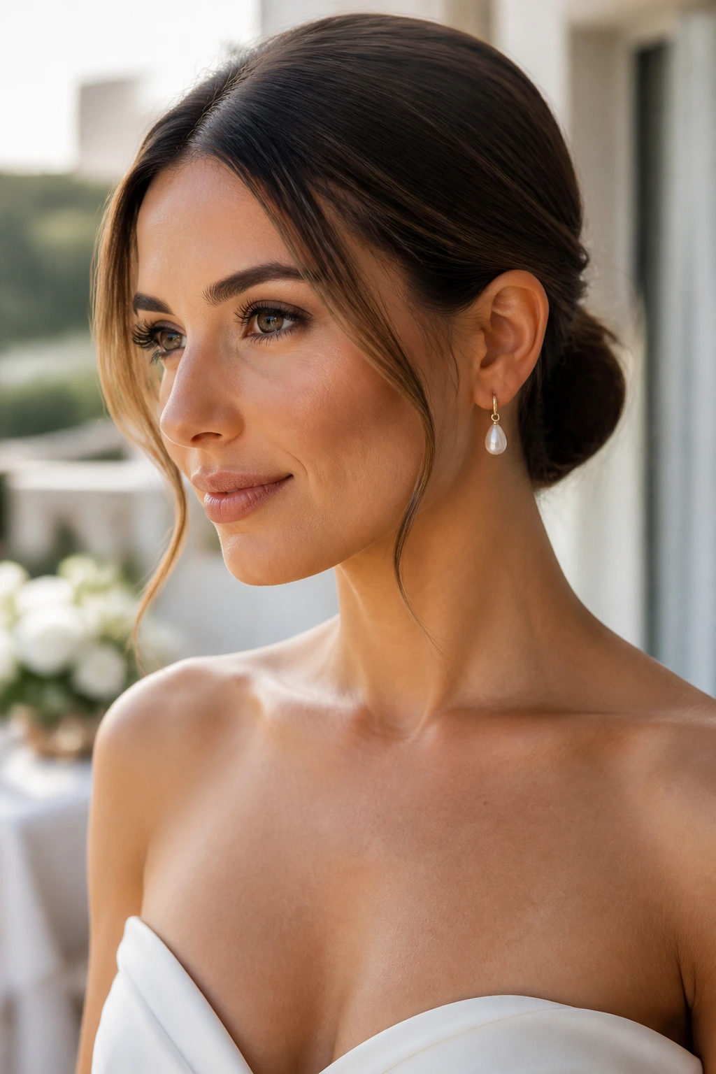 Bride with minimalist tucked ponytail and face-framing pieces