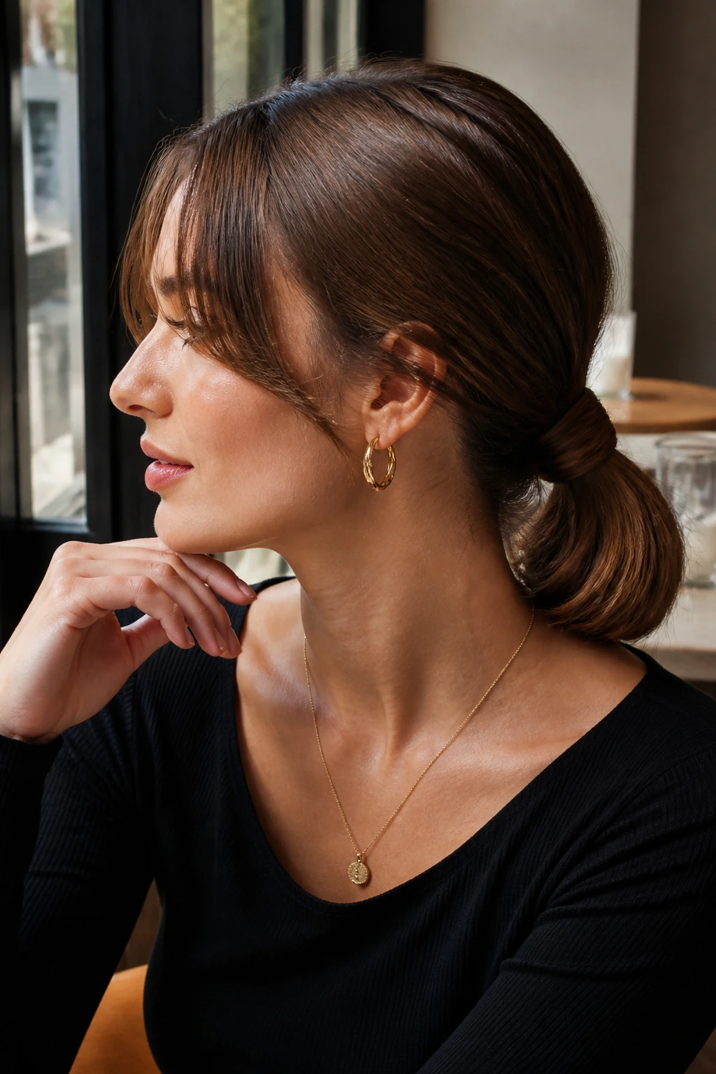 Close-up portrait of a real woman with a tucked ponytail at the low back