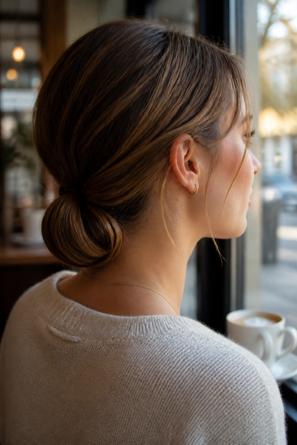 Back view of a real person with a tucked ponytail loop at the nape