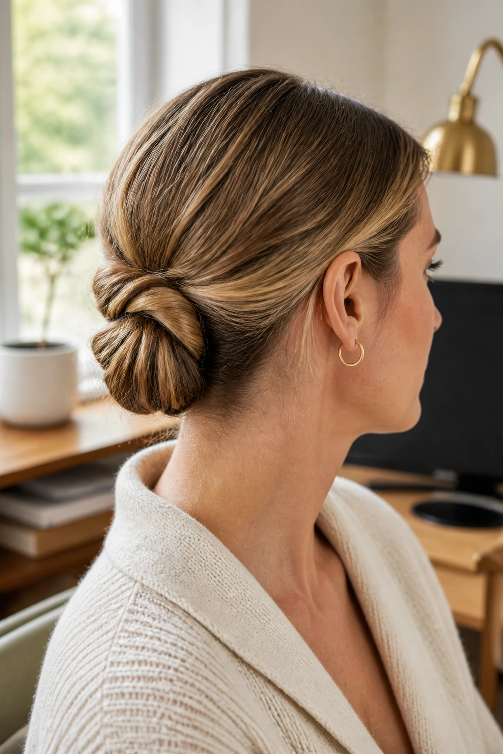 Close-up of a woman with a tucked ponytail turned updo