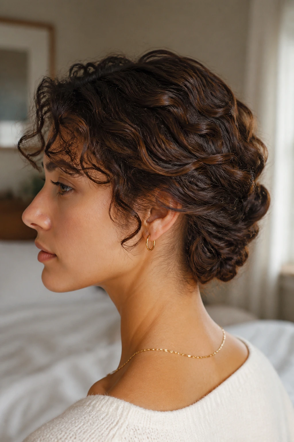 Close-up portrait of a real woman with a tucked roll updo and soft ridge at the nape.