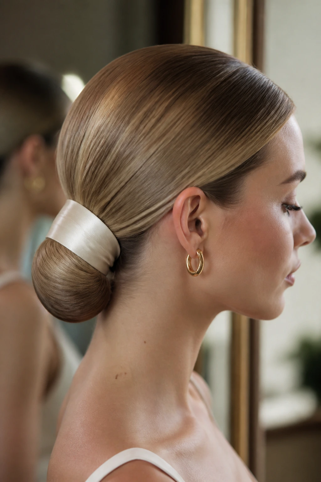 Tucked satin ponytail close-up on real woman with tucked nape ponytail and satin ribbon.