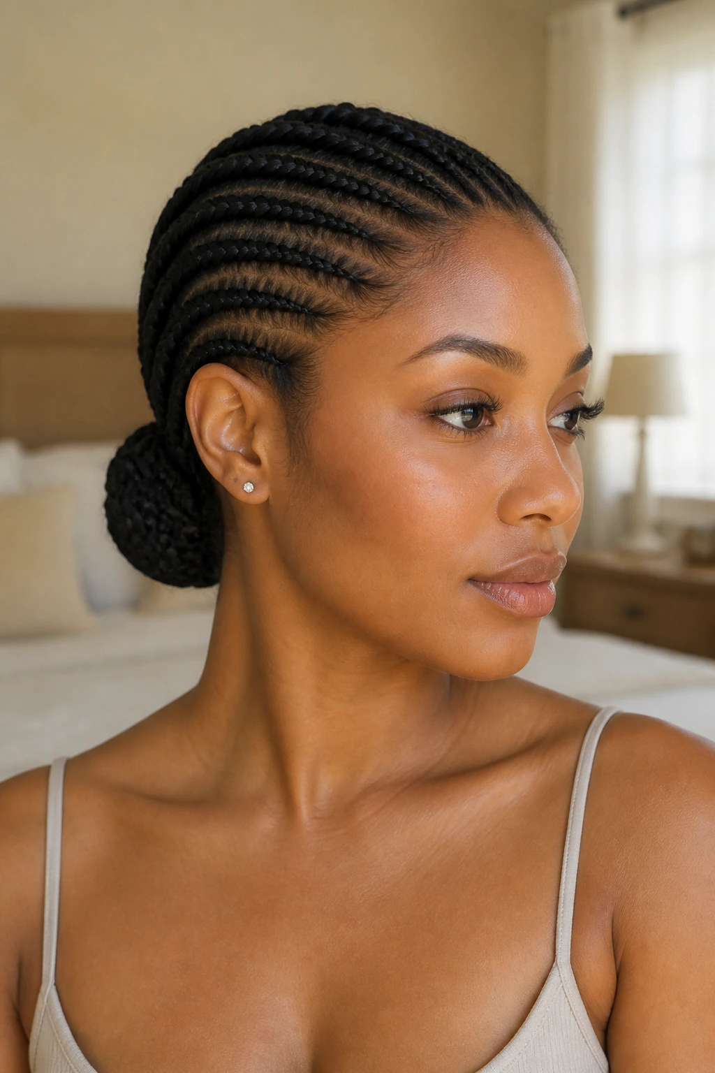 Close-up of a real woman with a tucked side bun formed from cornrows