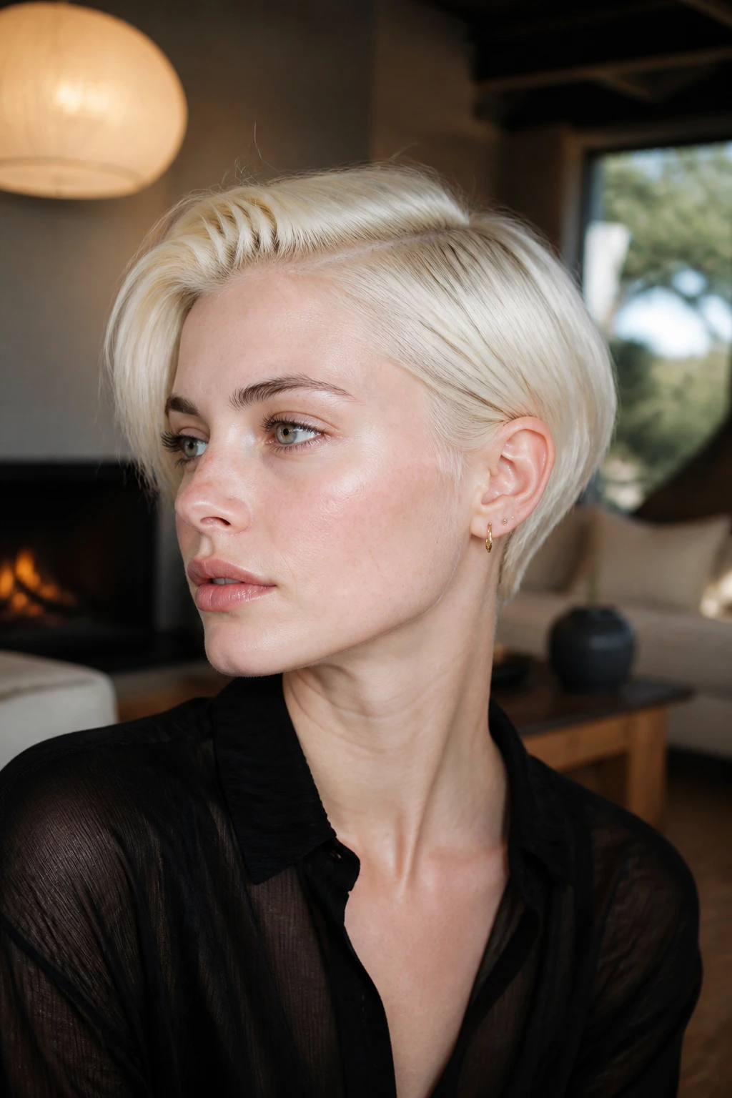 Close-up of a real person with tucked side crop behind the ears in a warm living room