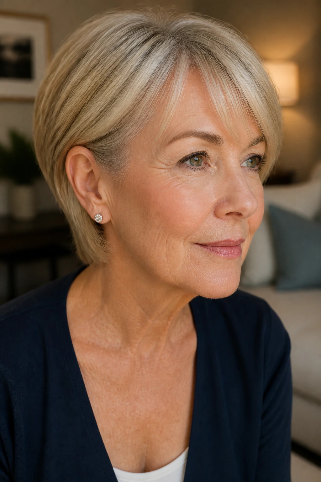 Close-up of real woman with tucked-side feathered bangs behind the ear