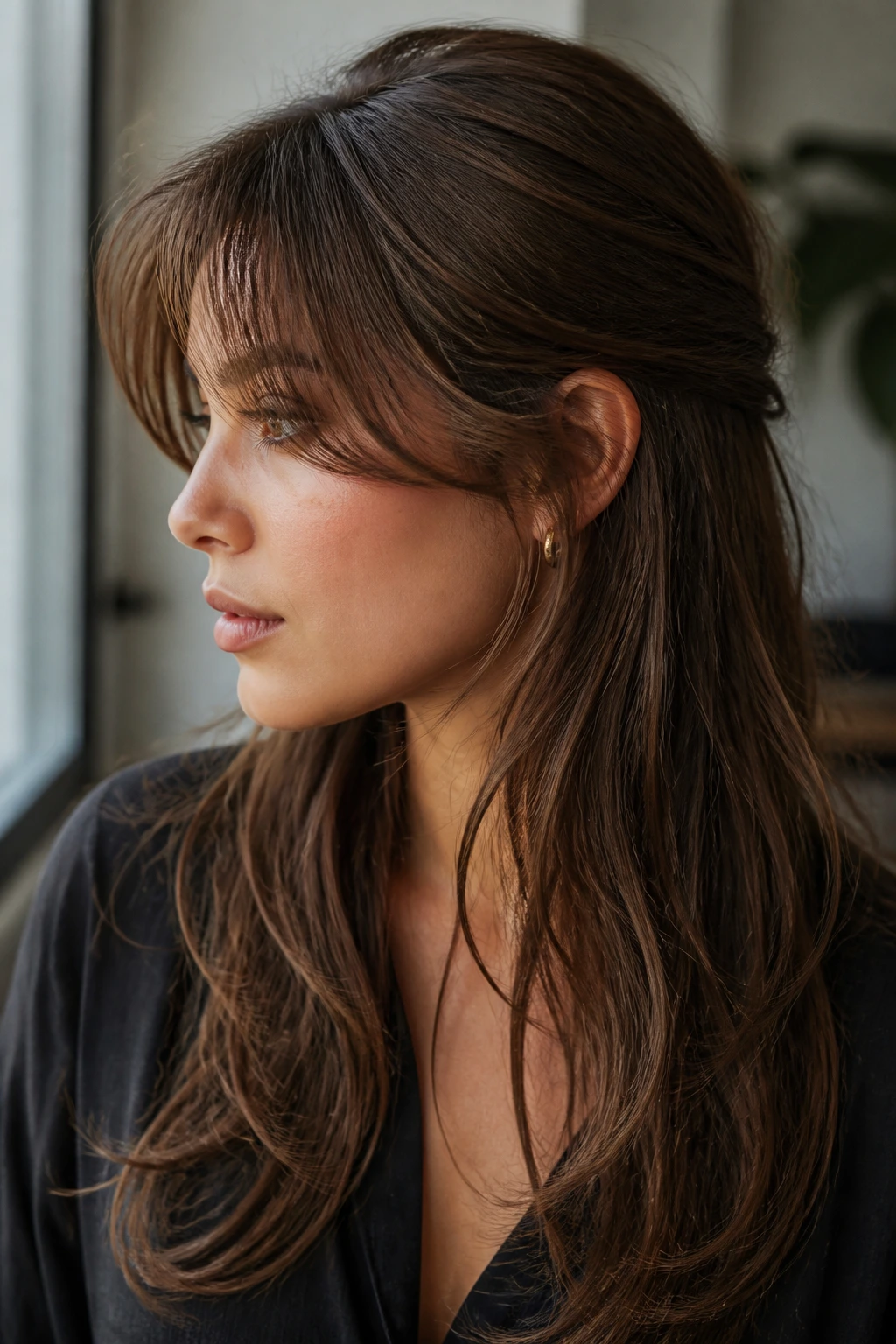 Side-profile portrait showing tucked-side bangs and layered hair