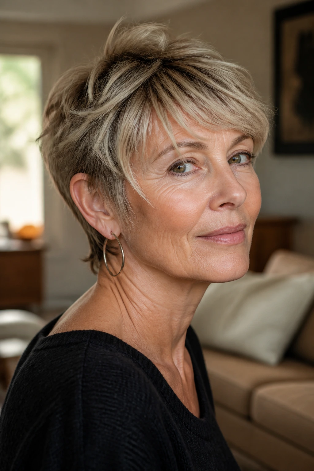 Close-up portrait of a real woman wearing a tucked-temple crop shag in a warm living room with natural light.