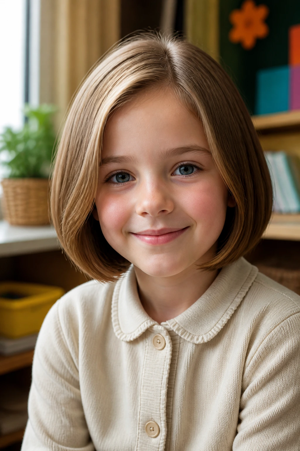 Close-up of a child with a tucked-under bob and collared sweater in warm, natural light