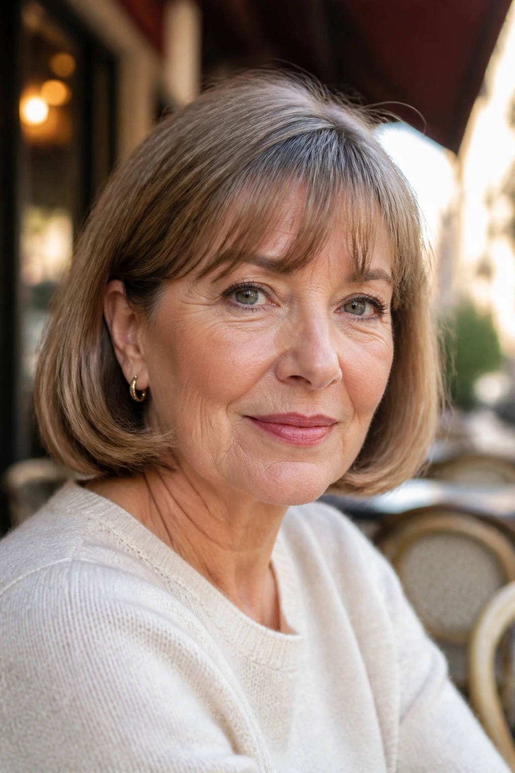 Real woman with tucked-under bob and soft fringe in daylight at a cafe.