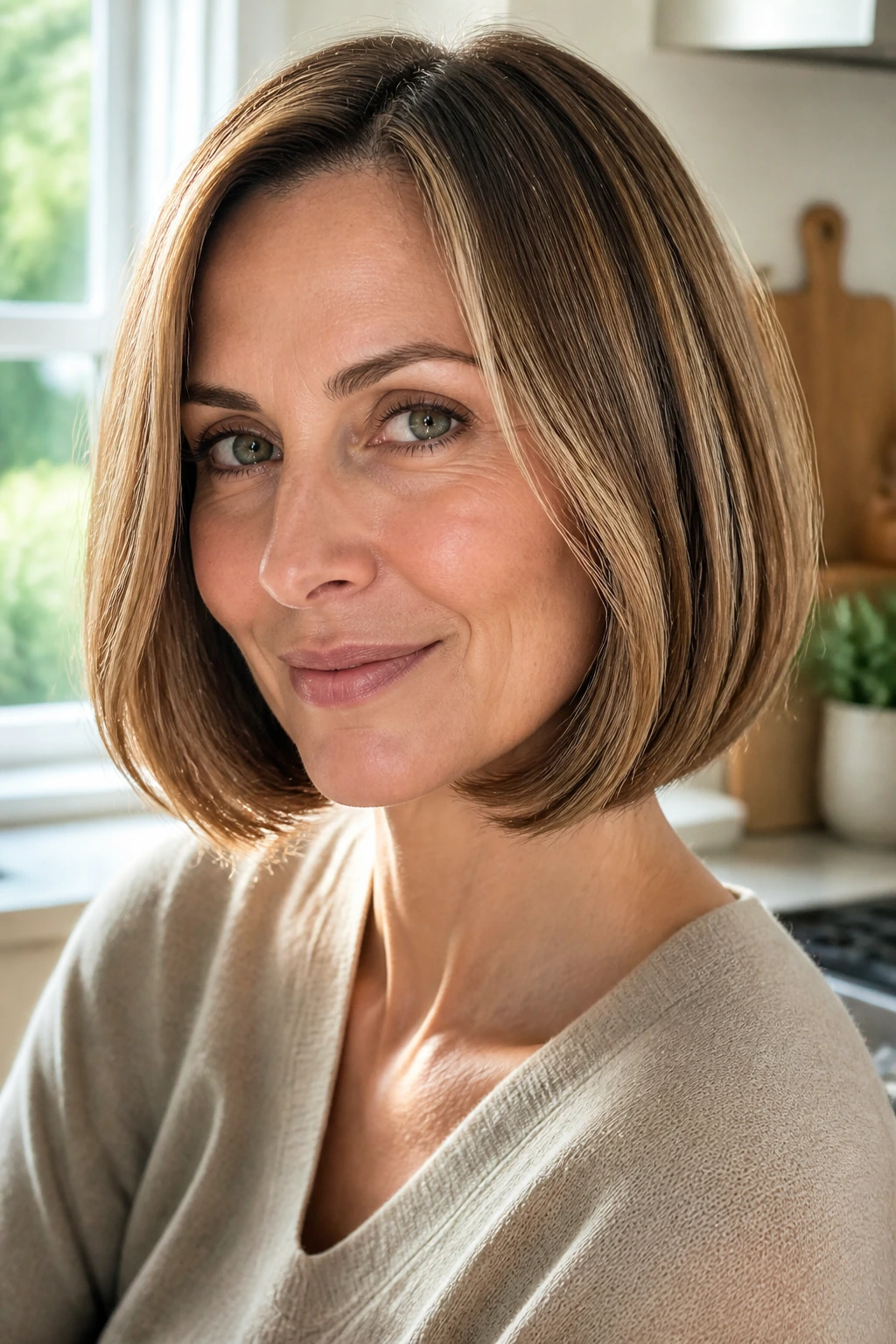 Close-up portrait of a real woman with a tucked-under bob and inward bend at the ends.