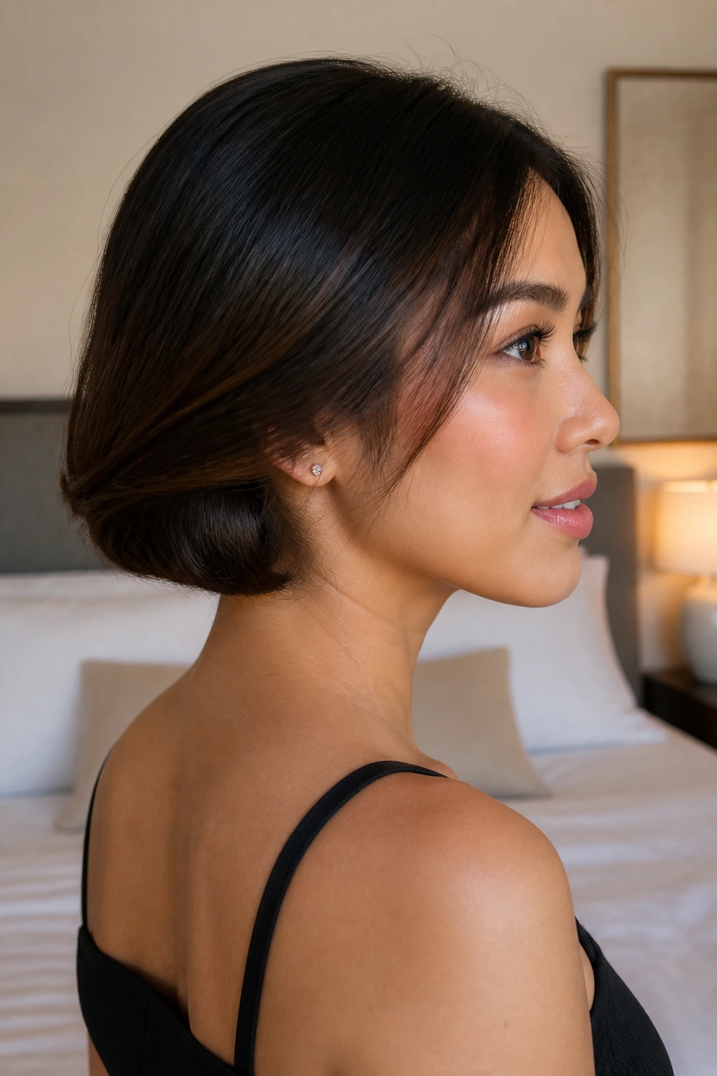 Close-up of a real person with tucked-under bob illusion