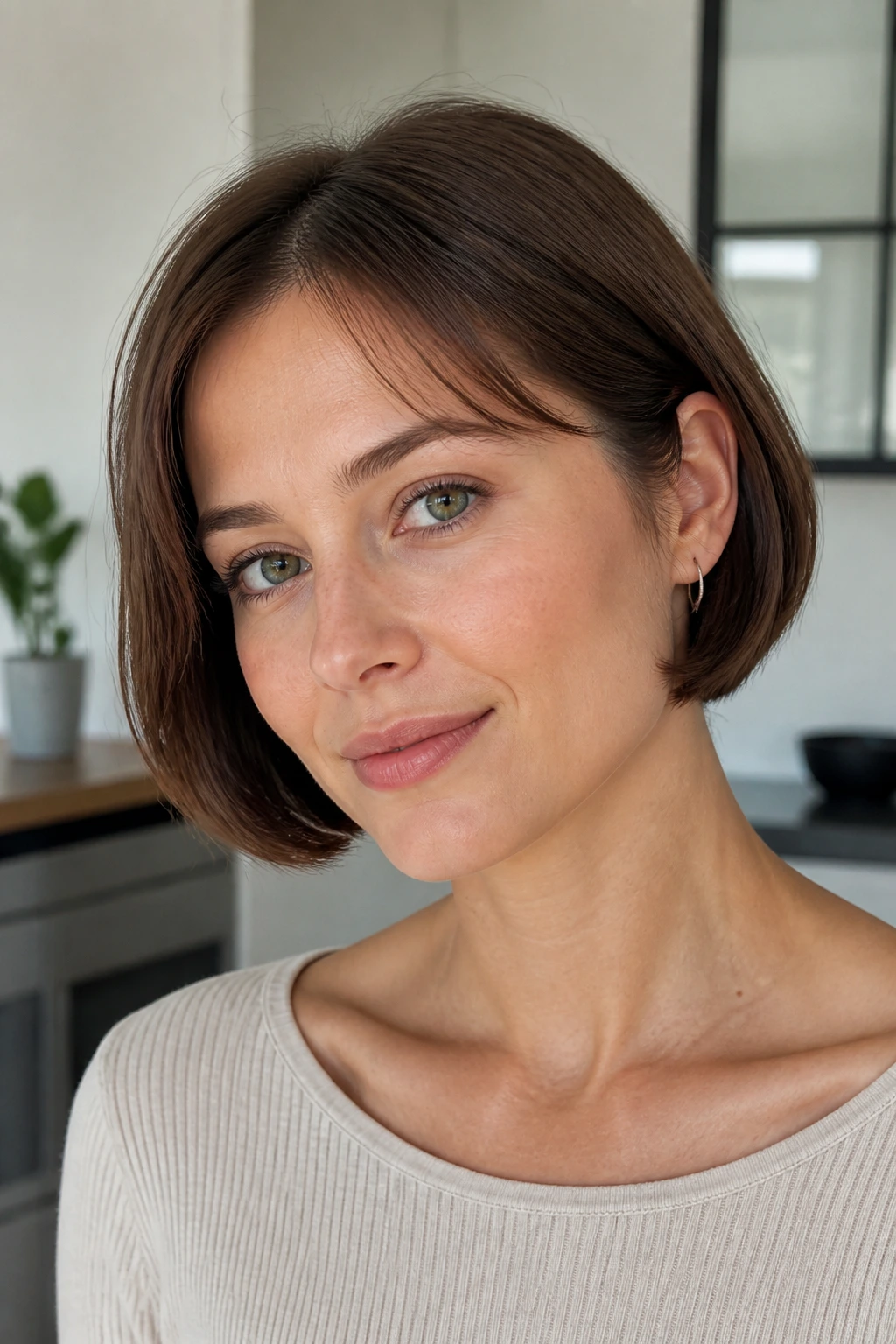 Portrait of a woman with tucked-under bob and near-invisible bangs in bright setting