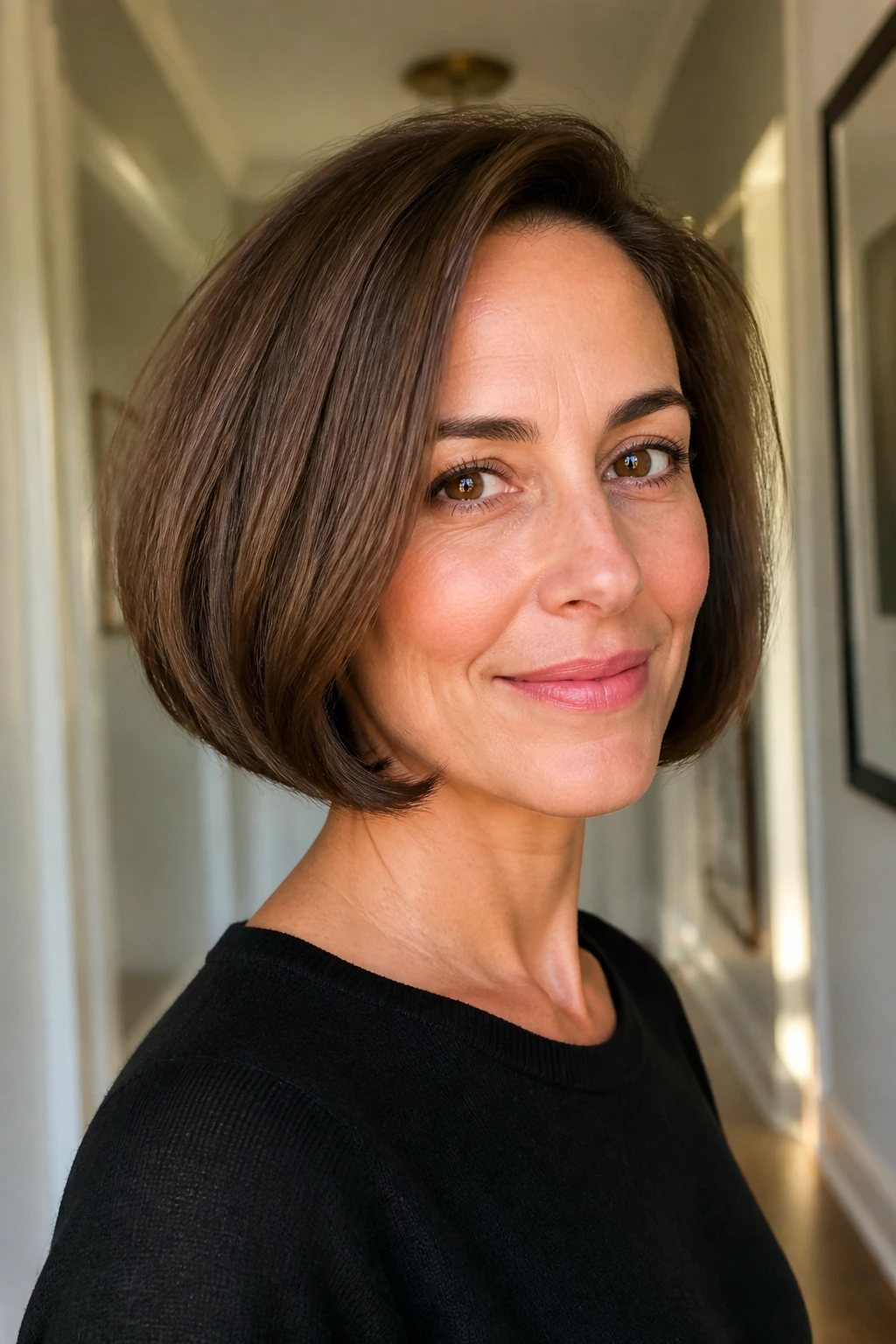 Real person with tucked-under bob hairstyle in soft hallway light