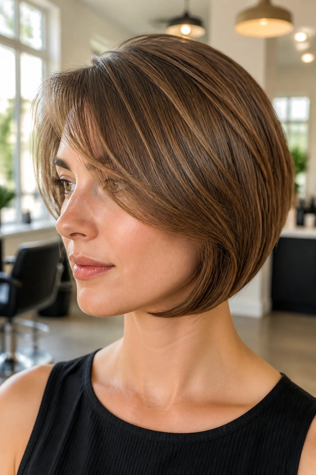 Close-up portrait of a real woman with tucked-under bob and long swoopy bangs in daylight