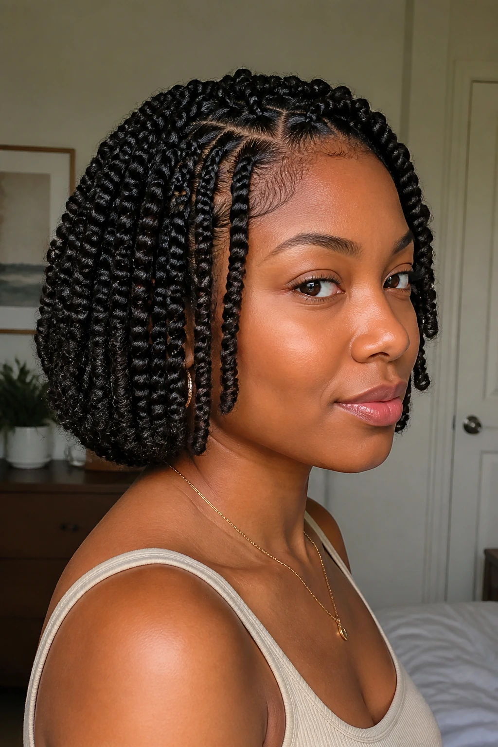 Close-up portrait of a person with tucked-under bob spring twists