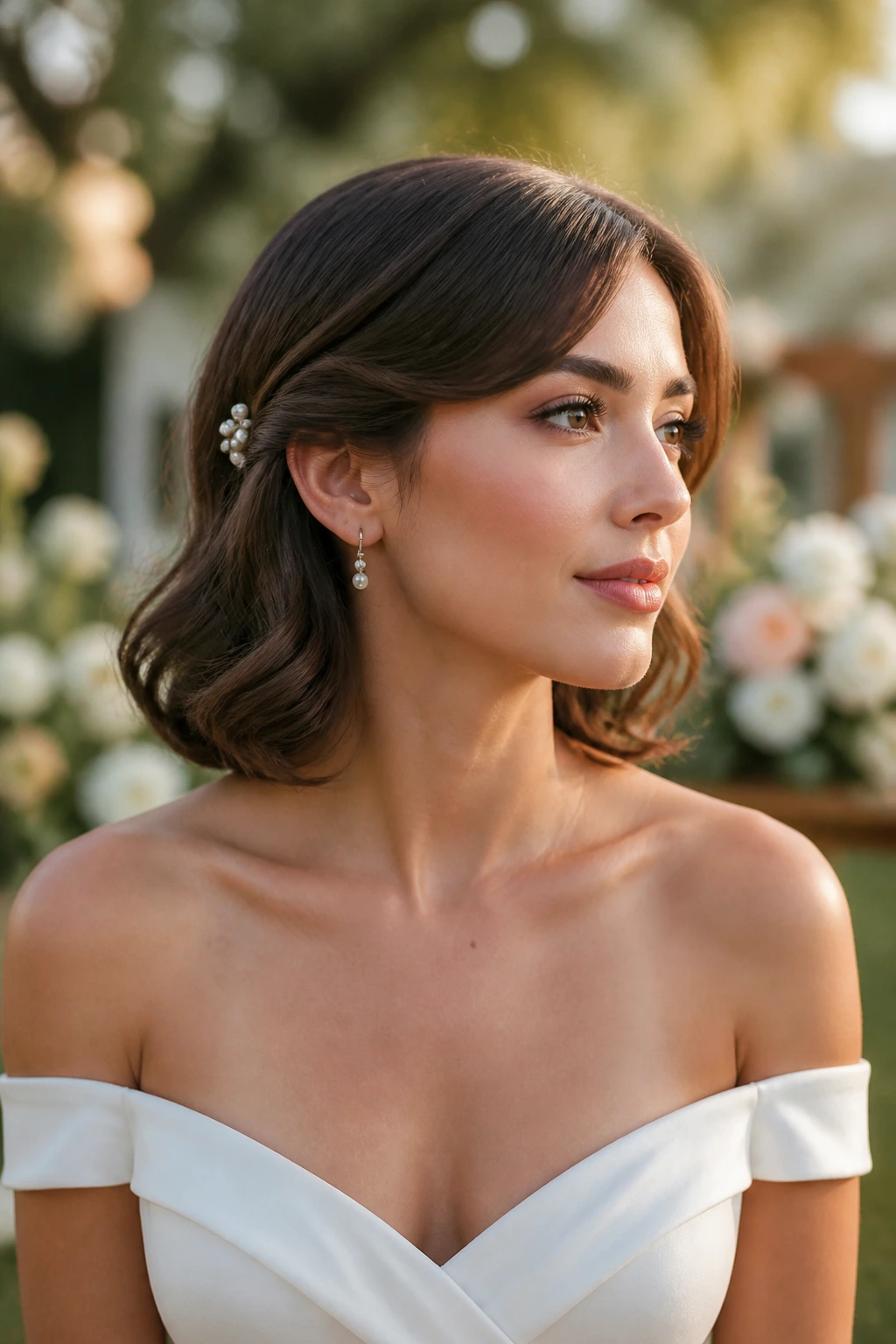 Close-up of a real bride with tucked-under bob and soft waves.