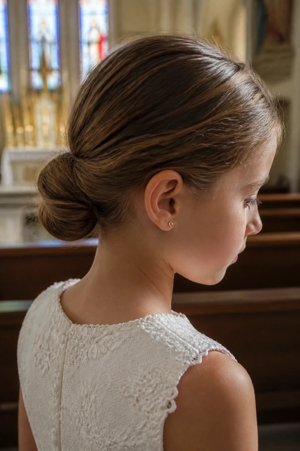 Child’s tucked-under bun in a church setting