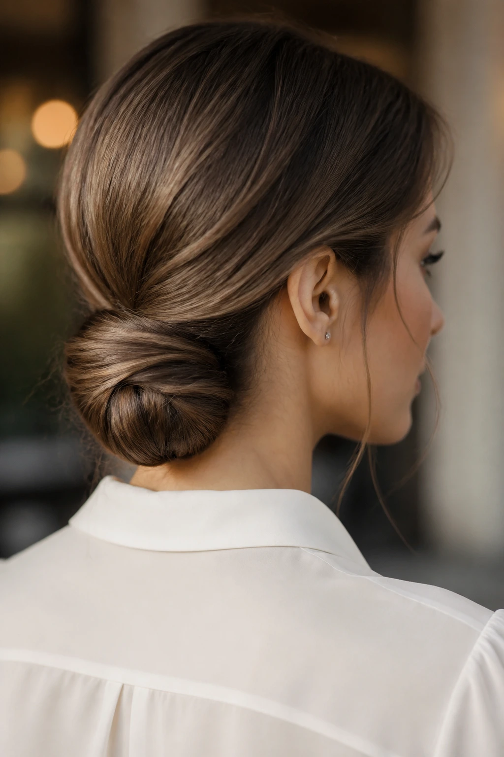 Close-up of a real woman with a tucked-under chignon at the nape