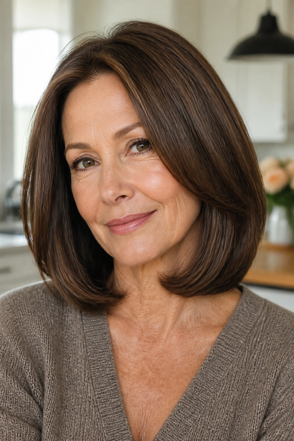 Close-up of a real woman with tucked-under cocoa lob