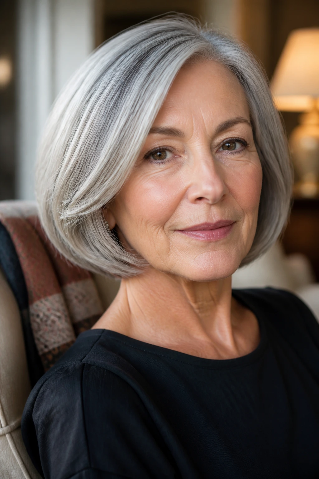 Older woman with tucked-under curved bob showing inward tucked ends