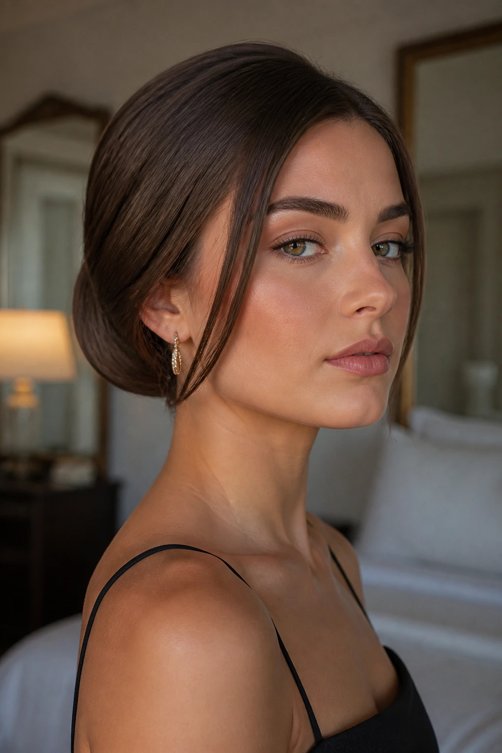 Close-up of a woman with a tucked-under faux bob hairstyle