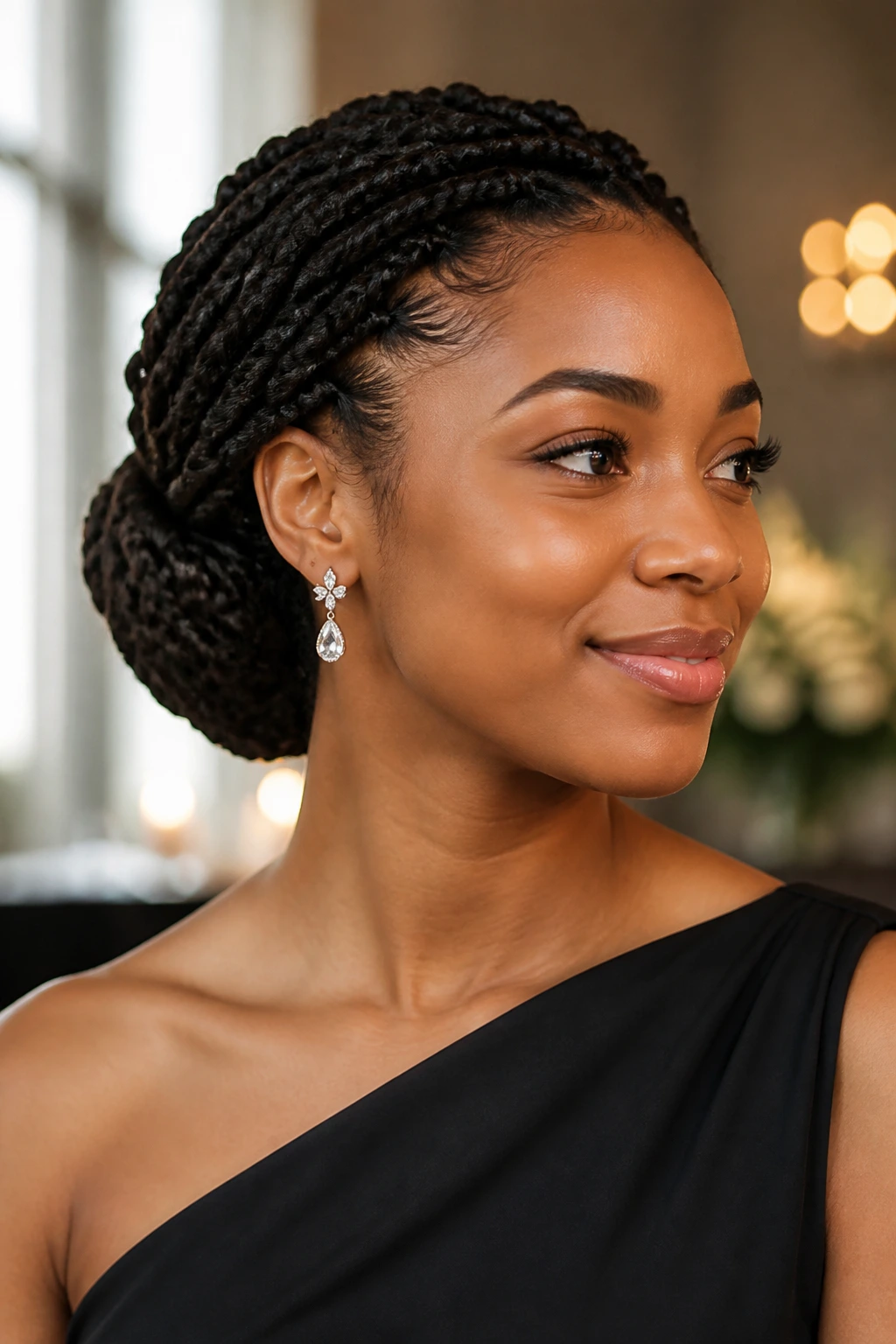 Close-up of a woman with a tucked-under French roll spring twist hairstyle, warm window light.