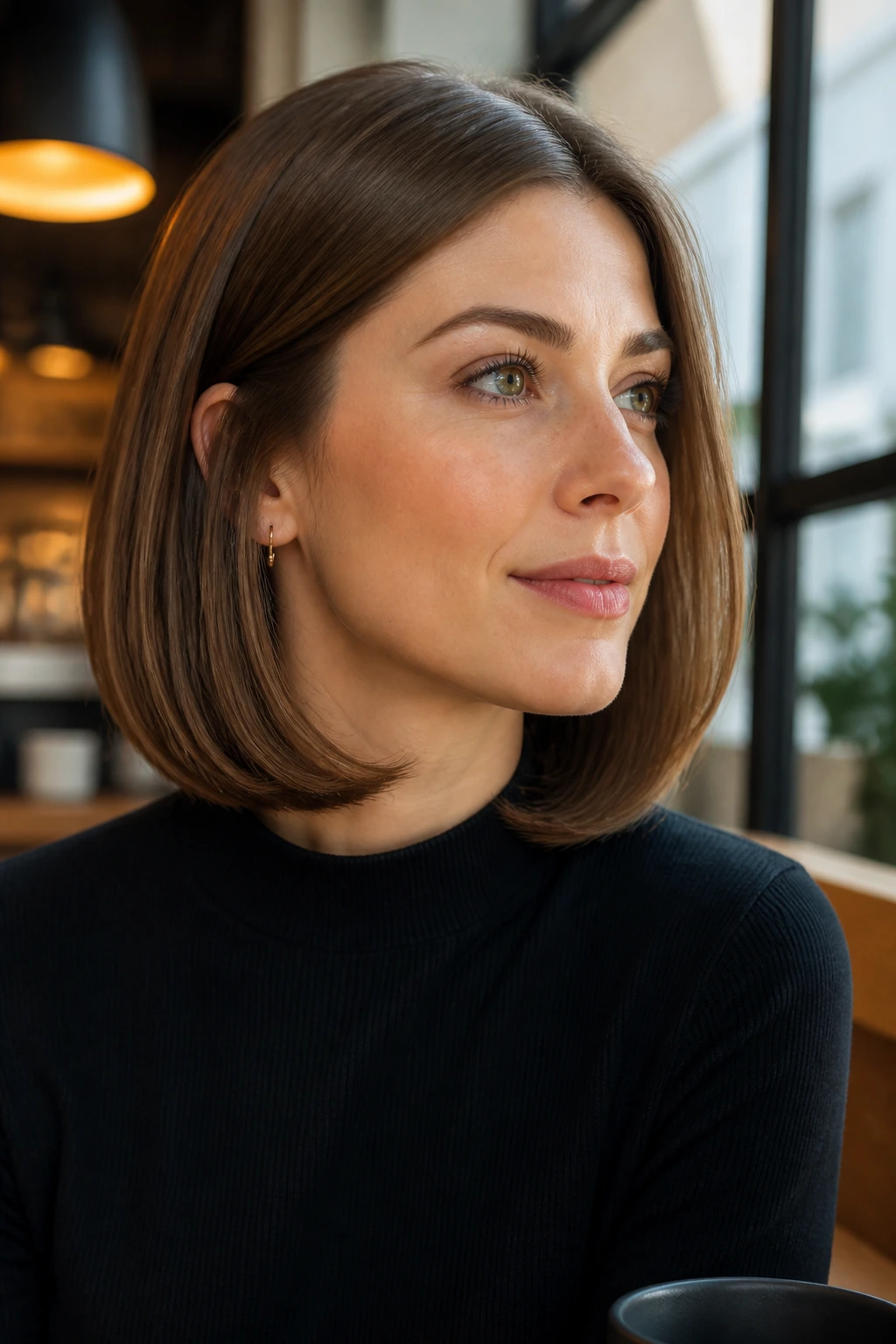 Portrait of a woman with a tucked-under lob showing a gentle inward curve at the ends