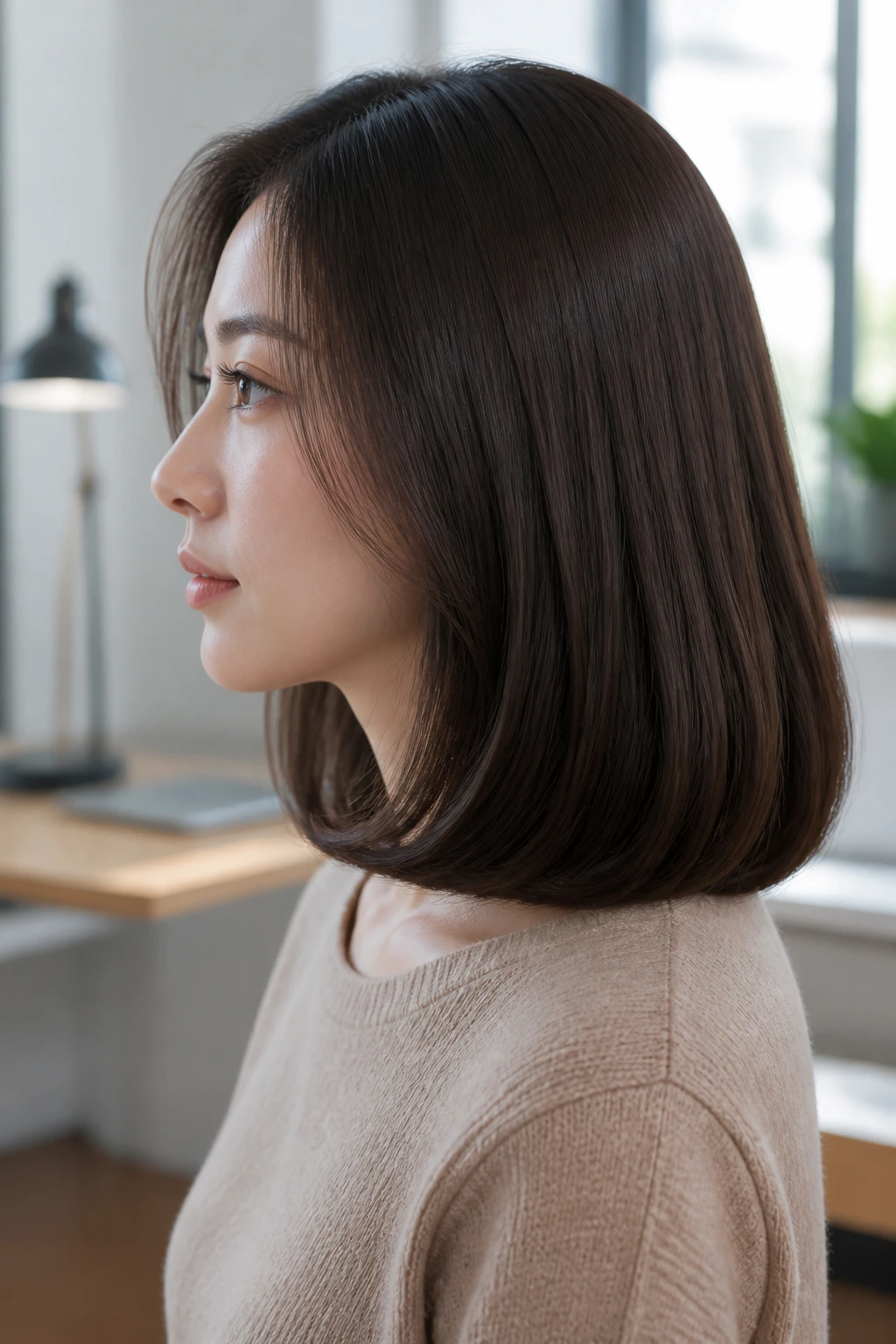 Side-profile of a woman with tucked-under lob and polished ends