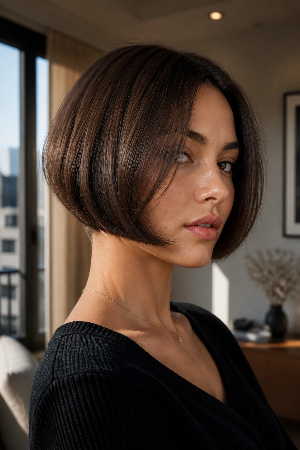 Close-up of a real woman with tucked-under Paris bob showing inward-curved ends