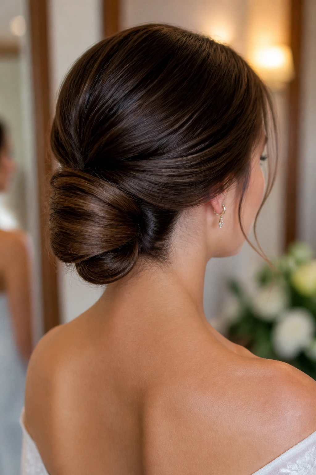 Back view of real bride with tucked-under chignon-ponytail hairstyle