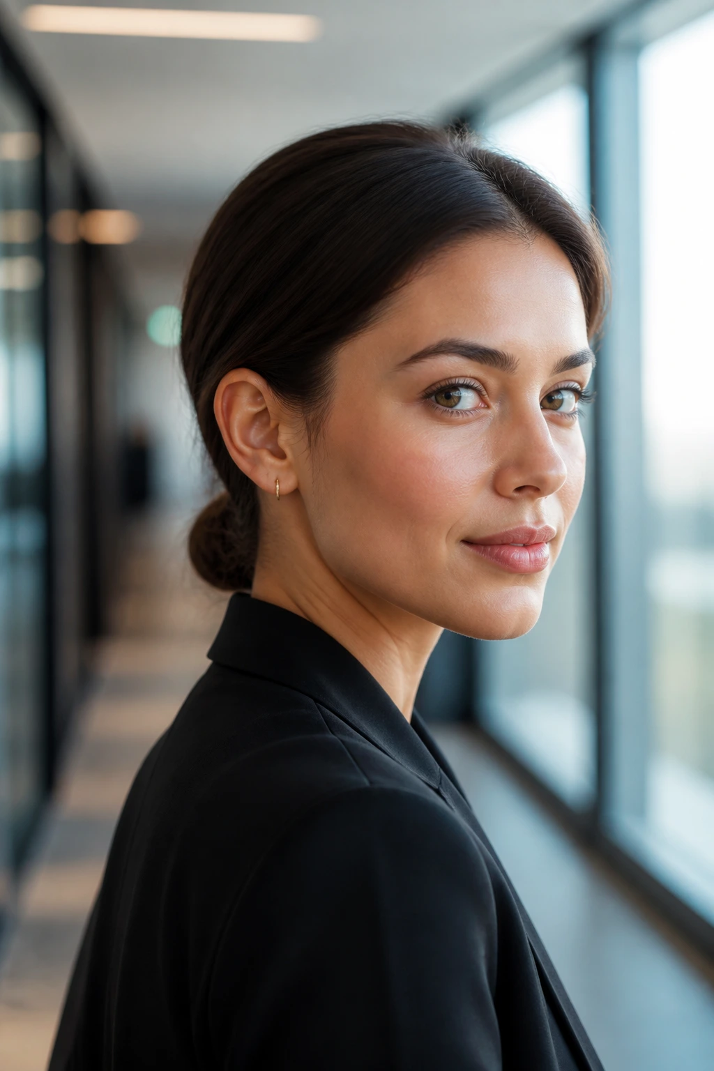 Close-up of a real woman with a tucked-under low ponytail at the nape in an office setting